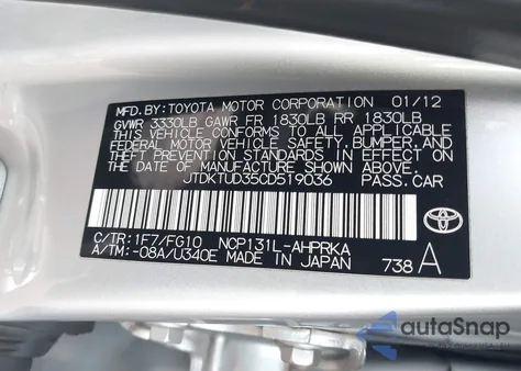 2012 Toyota Yaris L from USA, damaged, VIN JTDKTUD35CD519036